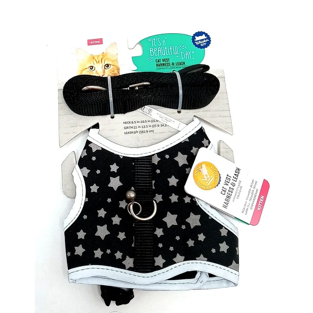 Kitten Cat Harness With Leash Black,Silver Stars,and reflective outline Small